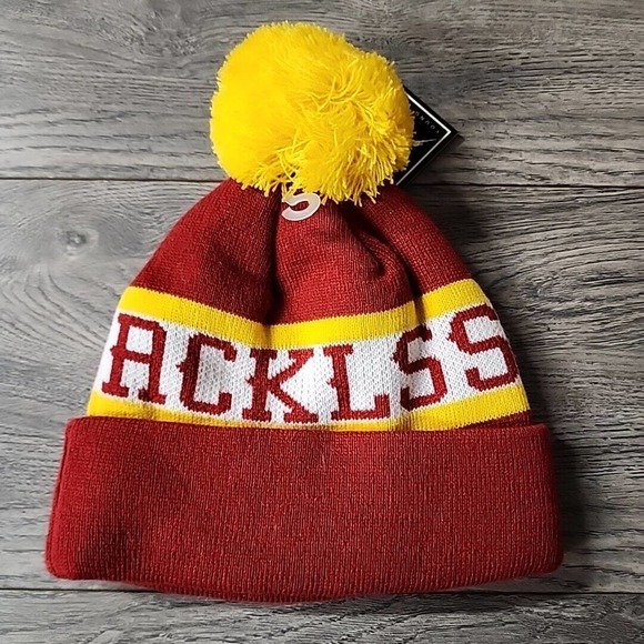 New Young & Reckless Lane Change Cap Hat Pom Beanie Red Yellow White - Picture 2 of 2